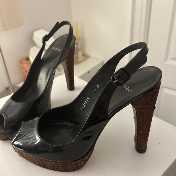 Stuart Weitzman Women's Peep Toe Black Patent Leather Platform Heels - Picture 6 of 14